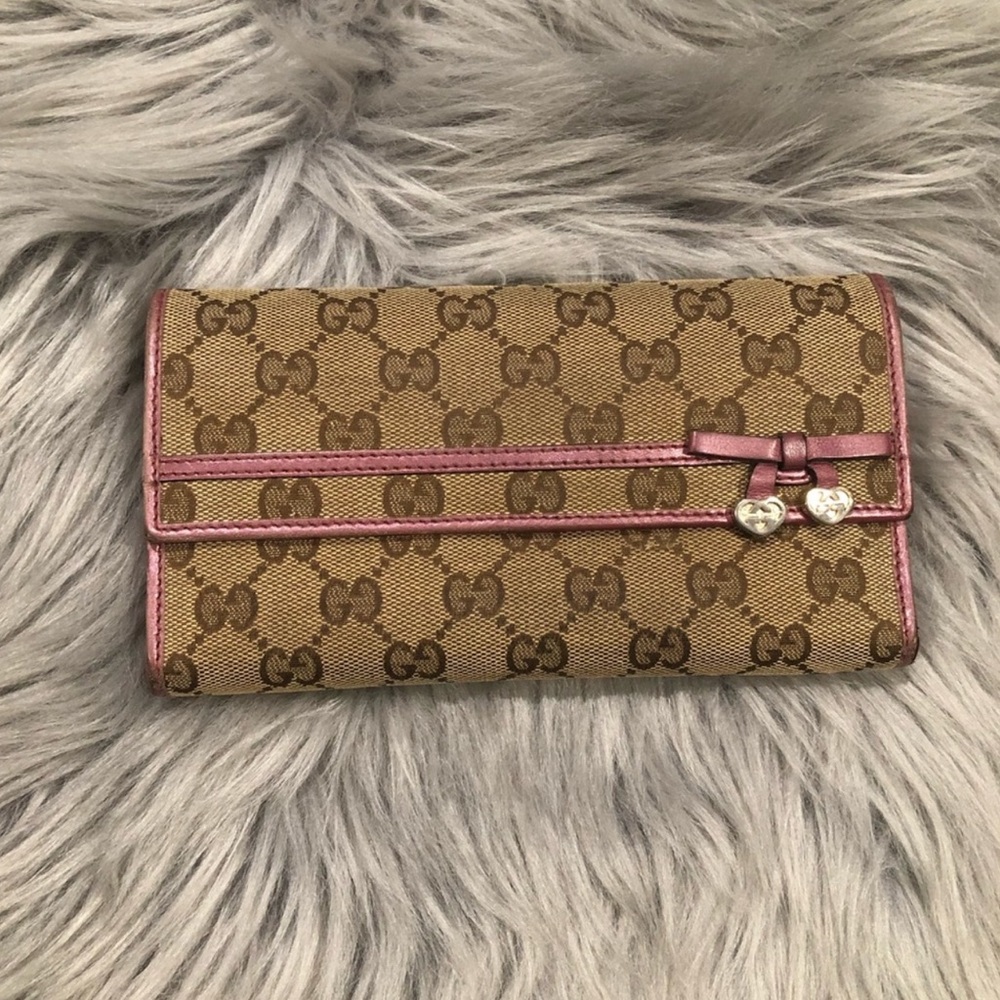 Gucci canvas rose gold interior long wallet with bows & hearts